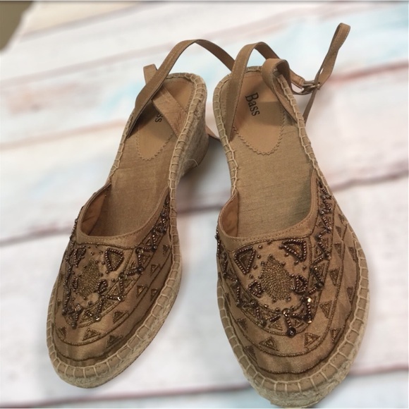 BASS Women Espadrilles Wedge Ankle Strap Close Toe Sandals Beaded Embellished - Picture 1 of 11